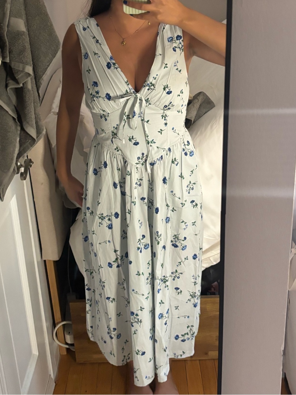 Floral Tie-Front Midi Dress in White and Blue